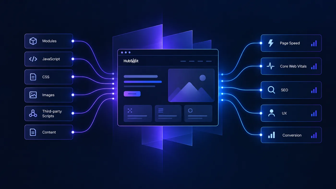 HubSpot theme architecture diagram connecting modules, JavaScript, CSS, images, third-party scripts and content with page speed, Core Web Vitals, SEO, user experience and conversion.